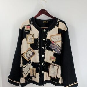 Vintage Allure Patchwork Abstract Embroidered Shell Button Black Jacket Size 3X